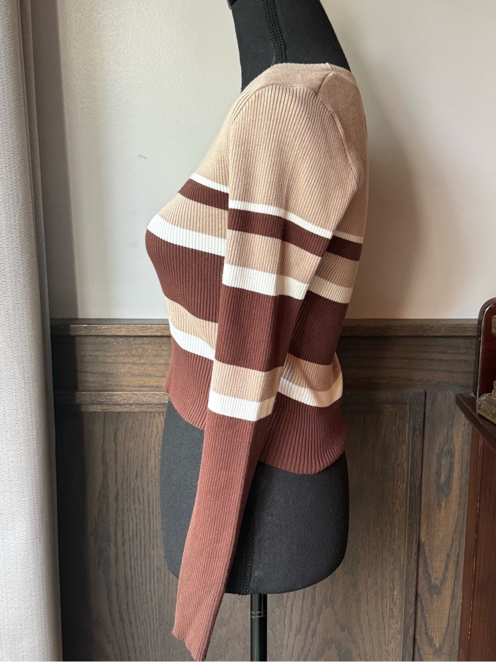 The Slope Striped Scoop-Neck Ribbed Sweater in Brown, Cream & Tan medium - Picture 3 of 7